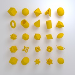 Set of 3d render realistic primitives on white background. Isolated graphic elements. Spheres, torus, tubes, cones and other geometric shapes in yellow colors for trendy designs.