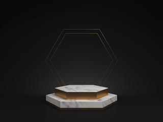 3d rendering of white marble pedestal isolated on black background, hexagon gold frame, memorial board, hexagon steps, abstract minimal concept, blank space, clean design, luxury minimalist mockup