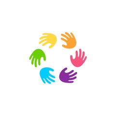 Fototapeta na wymiar family hand logo, kindergarten teamwork colorful abstract hand team icon color print vector illustration logo playful and fun community