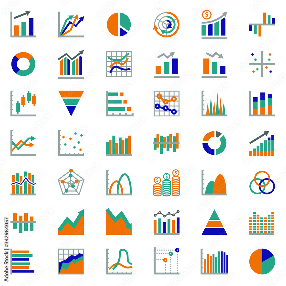 Poster set of chart for report icon. 320x320 pixels flat success graph icons vector illustrator.