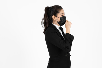 Fototapeta premium Portrait young Asian business woman in suit wearing face mask on white isolated background. Coronavirus flu virus , Covid 19 , Air pollution pm2.5 concept.