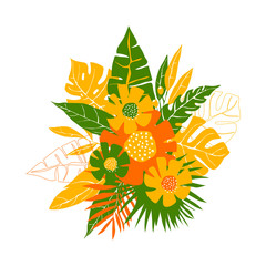 Bright Bouquet with Tropical Palm Leaves and Flowers Vector Illustration