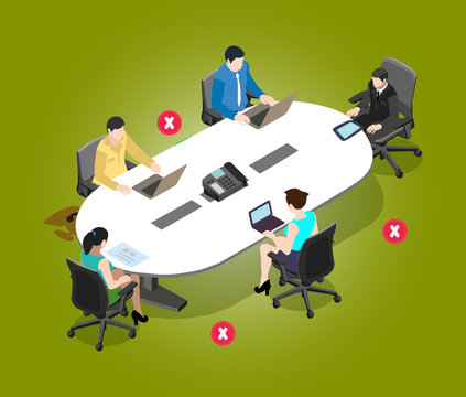 Maintain Social Distance In Meeting Room To Protect From Covid 19 Virus. Employees Are Working Together In A Meeting Room And Follow The Safety Distance Of Corona Virus Disease.