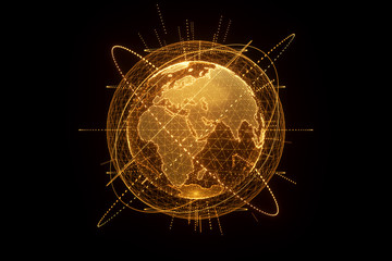 Golden, orange hologram of the planet earth made of dots isolated on a black background. Globalization, network, fast internet. Copy space, 3D rendering 3D illustrations.