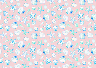 Background illustration of shellfish and starfish painted in watercolor