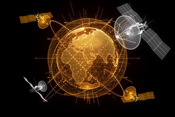 A hologram of the earth and an information satellite flying around the earth, telecommunications. Globalization, fast Internet, new technologies in communication. 3D rendering 3D illustration.