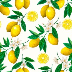 Seamless pattern with watercolor painted lemon fruits, slice, branches and flowers. Fresh, sunny, juicy, summer citrus background.