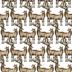 Naklejka na ściany i meble Watercolor seamless pattern with deer. Background with wild woodland animal for textile, wrapping, covers, decoration.