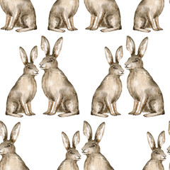 Watercolor seamless pattern with hare. Cute rabbit from the forest. Background with wild woodland animal for textile, wrapping, covers, decoration. - 342986297