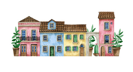 Watercolor hand-drawn Portugal street with rural houses. Cute suburban old European houses. Brick walls, tile roof, wooden doors, arch. Colorful cozy rural home, plants in pots