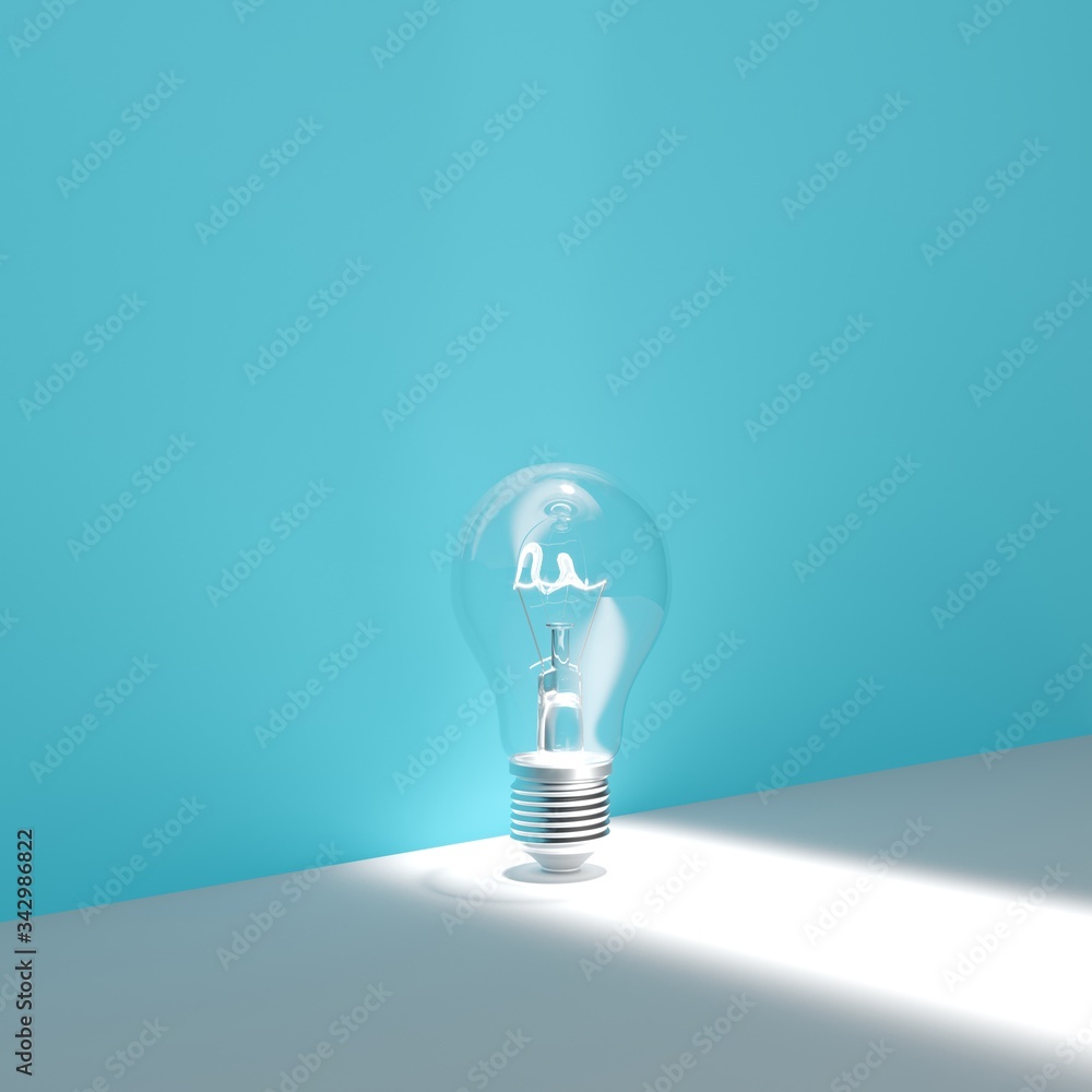 Poster light bulb glowing set on blue background with shadows light. minimal idea concept. 3d render.