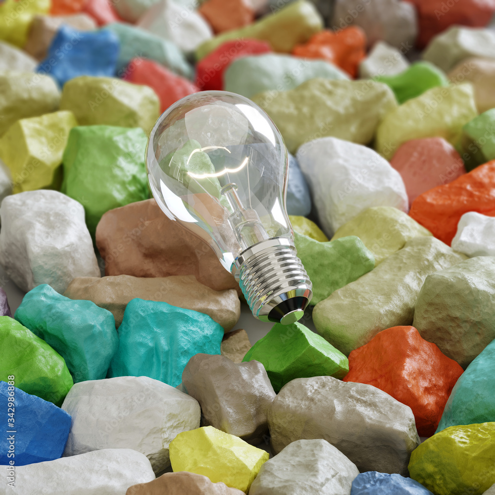Poster light bulb set on colorful color stone. minimal concept idea. 3d render.