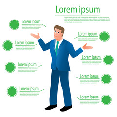 The infographic cartoon illustration picture of a businessman presenting the business topics. ( vector )