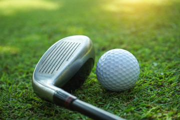 Golf club and ball in green grass.