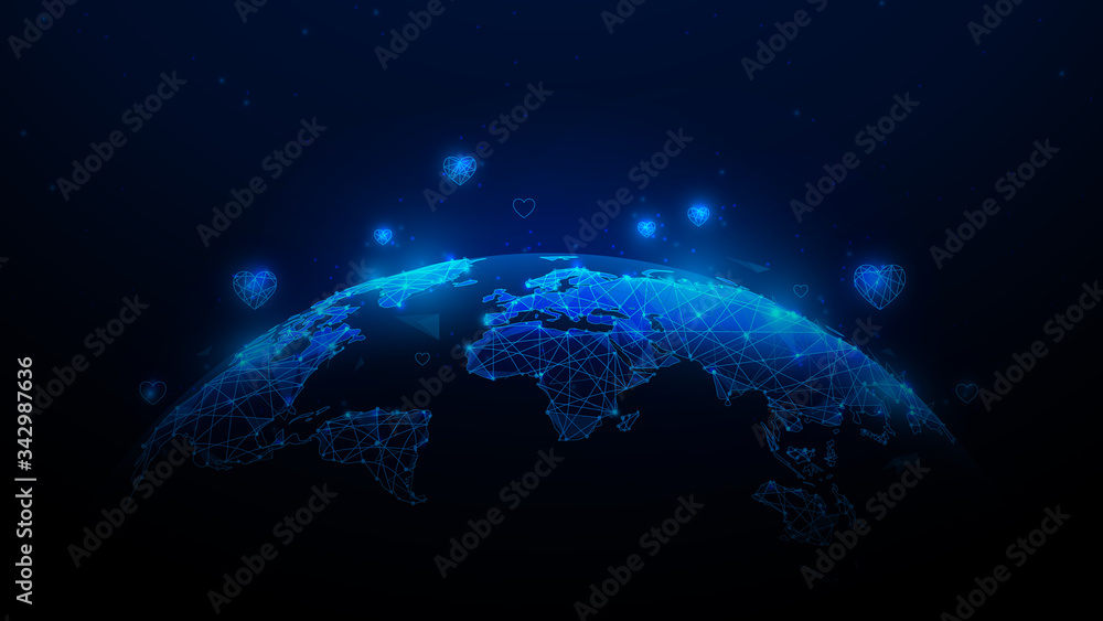 Poster world map. love of the planet. hearts float around the world. low poly vector