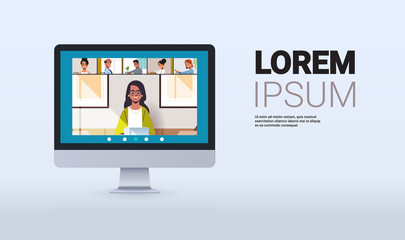 mix race friends meeting during video call Covid-19 pandemic coronavirus quarantine concept people having virtual fun live conference monitor screen horizontal copy space vector illustration