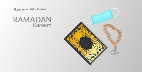 ramadan kareem holy month religion concept islamic quran tasbih and medical mask coronavirus pandemic quarantine greeting card horizontal copy space vector illustration