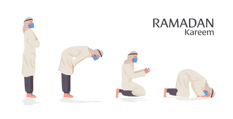 religious muslim man in mask praying positions ramadan kareem holy month coronavirus pandemic quarantine concept prayer doing religion ritual steb by step horizontal full length vector illustration