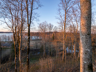 beautiful sunset landscape over the lake, charming evening colors, tree trunks in the foreground