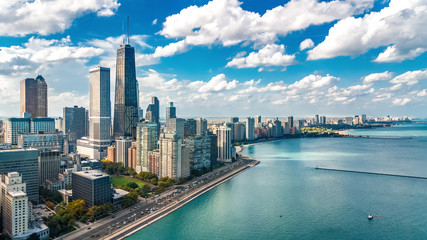 Chicago skyline aerial drone view from above, city of Chicago downtown skyscrapers and lake...
