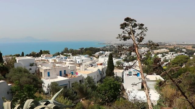  Sidi Bou Said cityscape with typical white blue colored houses in Sidi Bou Said,Tunisia, Africa