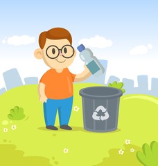 Friendly boy in big eyeglasses throwing plastic bottle in recycle bin on city and blue sky background. Colorful cartoon flat vector illustration.