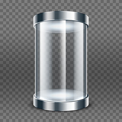 Empty transparent glass cylinder isolated on transparent background. 3d round showcase. Exhibit transparent display box