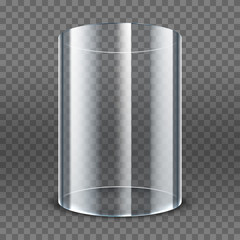 Empty transparent glass cylinder isolated on transparent background. 3d round showcase. Exhibit transparent display box