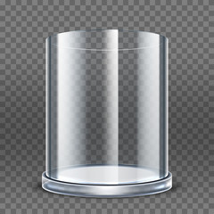 Empty transparent glass cylinder isolated on transparent background. 3d round showcase. Exhibit transparent display box