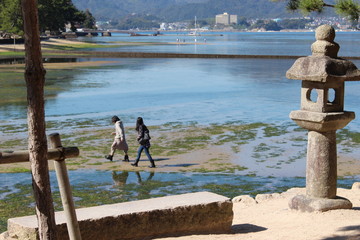 宮島の干潟を歩く人と灯篭