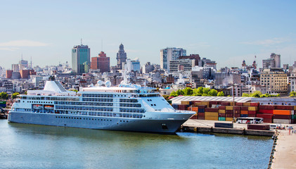 Montevideo, Uruguay, port.
 The port of Montevideo is the main commercial port of Uruguay. In the center of the image, the Palacio Salvo - the main landmark of the city-is visible in the distance.