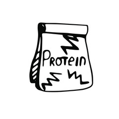 Protein for athletes in a paper bag with the inscription, drawn in Doodle style. Vector illustration isolated on a white background. Sports nutrition for a fitness blog.