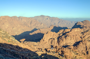 Mountain landscape at sunrise, view from Mount Moses, Sinai Peninsula, Egypt