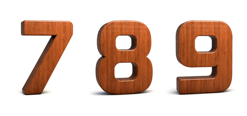 wood Number 7, 8, 9, 3d wooden font isolated on white background