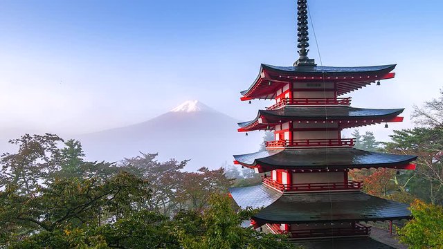 4K.Time lapse Landmark of japan Chureito red Pagoda and Mt. Fuji in Fujiyoshida, Japan
