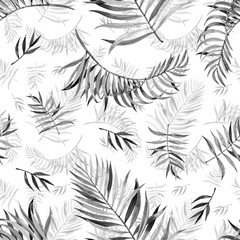 Pattern with beautiful watercolor tropical leaves. Tropics. Realistic tropical leaves. In black and white style.