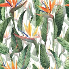 Pattern with beautiful watercolor tropical flowers and leaves. Tropics. Realistic tropical leaves. Tropical flowers.