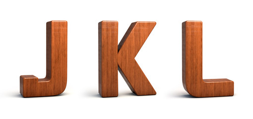 wood Alphabet J, K, L, 3d wooden font isolated on white background