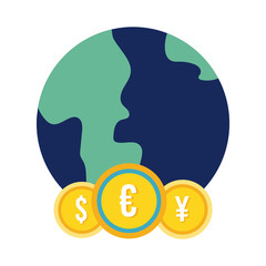 earth planet with international coins flat style icon