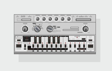 Realistic legendary synthesizer in vector. Groove box, drum machine, acid bass, analog sound. Synth for applying to a t-shirt. Materials for DJ posters. For drawing the image on the bag.