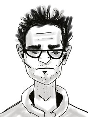 hand drawn sketch portrait of cartoon character young man in glasses isolated on white