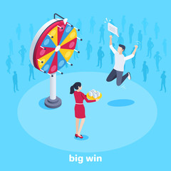 isometric vector image on a blue background, a man won a lot of money in a draw, a wheel of fortune and a big win