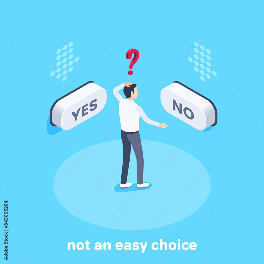 Poster isometric vector image on a blue background, a man in business clothes is in a pensive state in fron