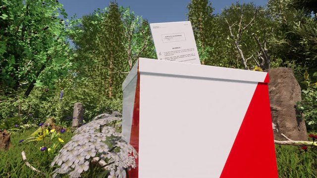 Skrzynia wyborcza, wybory, głosowanie, karty do głosowania, ilustracja w 3D.
