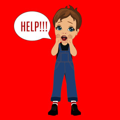 emoticon with a cool scared boy that stands with both palms to his mouth and screams Help, vector colored emoji on isolated background