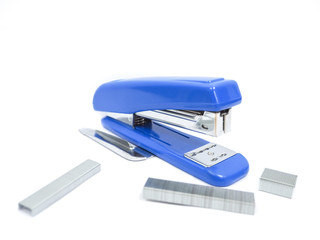 Stample and stapler of office stationery on white background