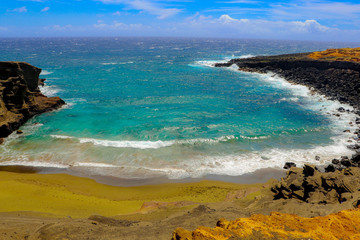 Green Sand Beach on Big Island in Hawaii on a sunny day