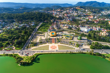 Top view aerial photo from flying drone of a Da Lat City with development buildings,...