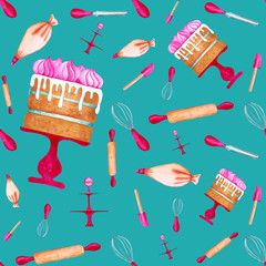Watercolor cake and pastry utensils seamless pattern on blue background. Hand-drawn bakery tools and cute cakes endless print. Baking objects illustration.
