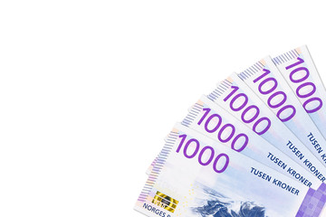 some new 1000 norwegian krone banknotes with copy space
